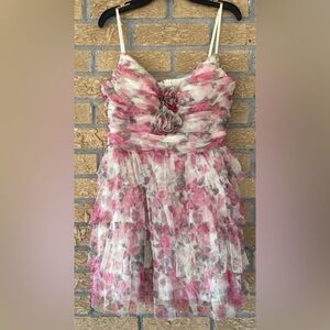 B. Darlin Mesh Spaghetti Strap Sweetheart Ruffle Skirt Rosette Dress Sz 13/14